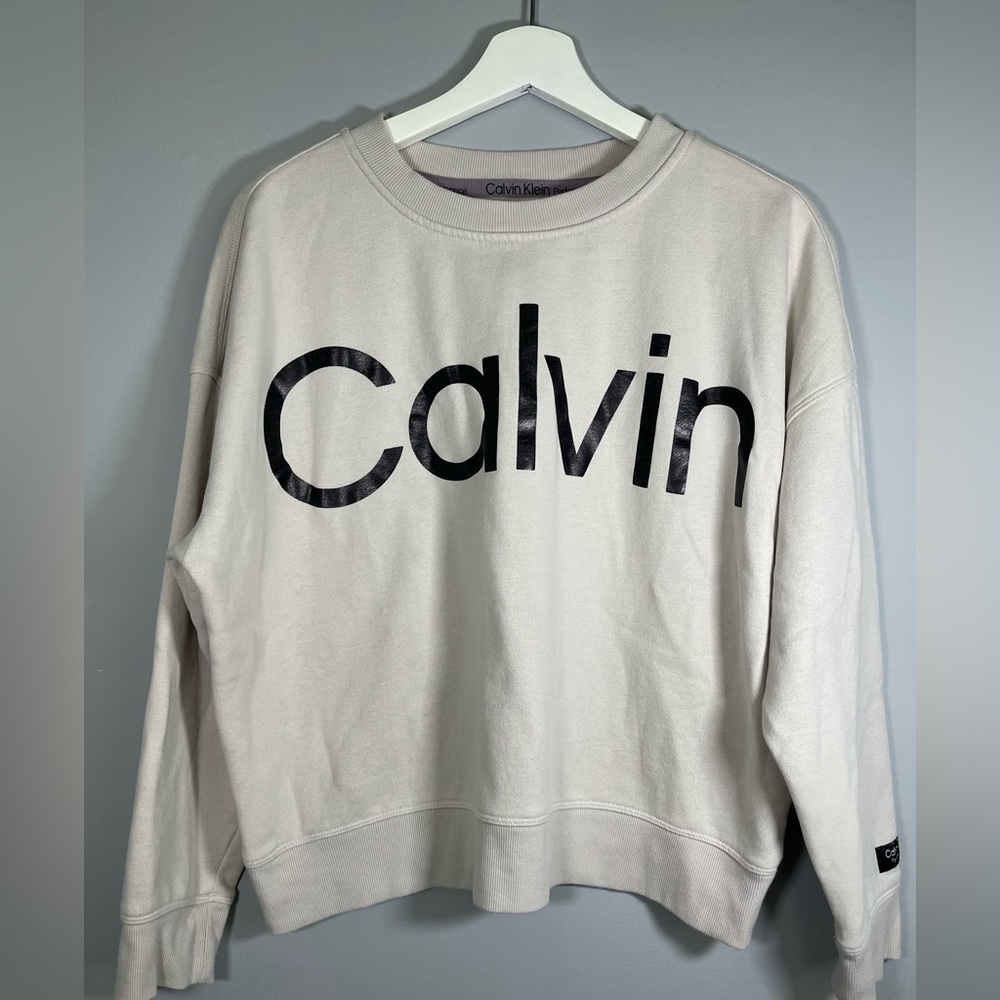 Calvin Klein Performance Spellout Womens Crewneck Sweatshirt Cream Size Large